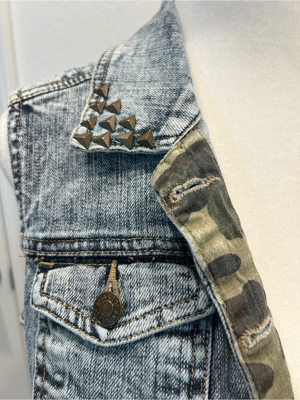 Garage Light Blue Denim Tank Top with Camo Trim and Studs